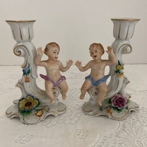 Vintage Dresden Capodimonte Figural Cherub Candlestick Holders
